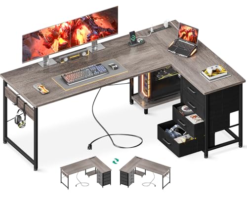 L Shaped Desk with 4 Tier Drawers, Power Outlets & USB, Corner Computer Desk with CPU Stand U4256