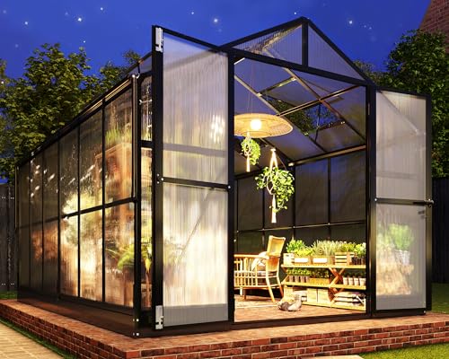 8x12 FT Polycarbonate Walk-in Greenhouse with 2 Swing Doors A36734