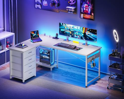 L Shaped Desk with 4 Tier Drawers, Power Outlets & USB, Corner Computer Desk with CPU Stand U4256