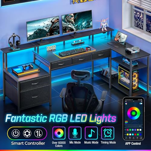 L Shaped Desk with File Drawers, Power Outlet & LED Lights, Corner Computer Desk with Monitor Stands Z425