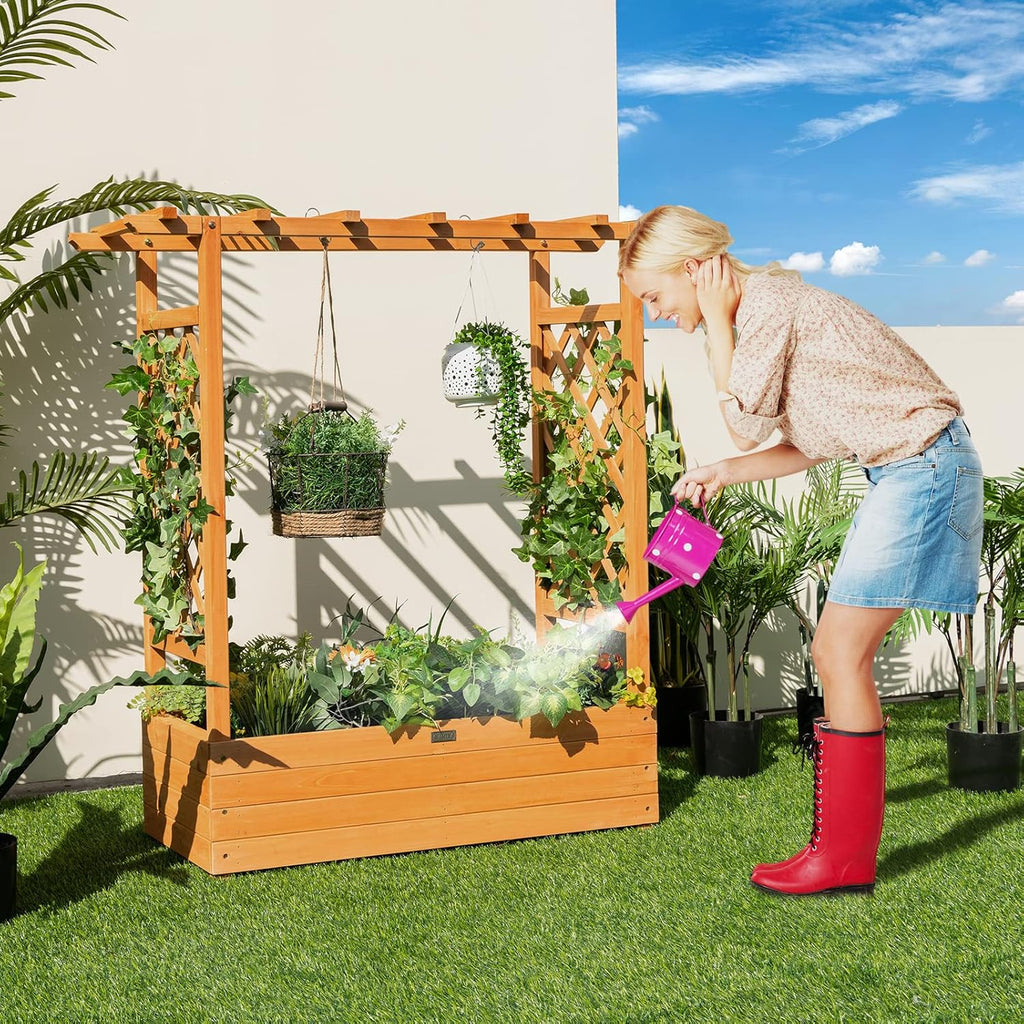 Raised Garden Bed with Trellis, Wood Planter Box with Drain Holes V4144