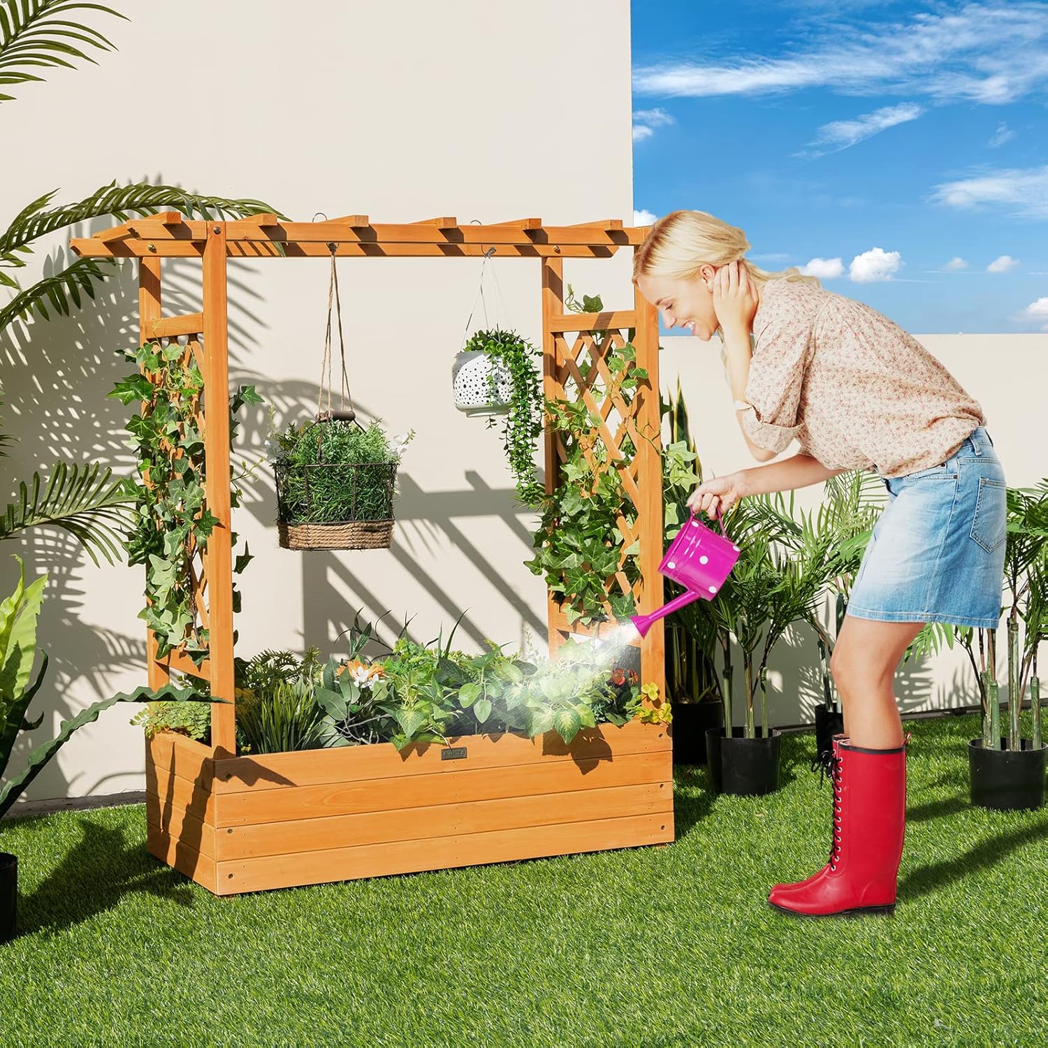 Raised Garden Bed with Trellis, Wood Planter Box with Drain Holes V4144