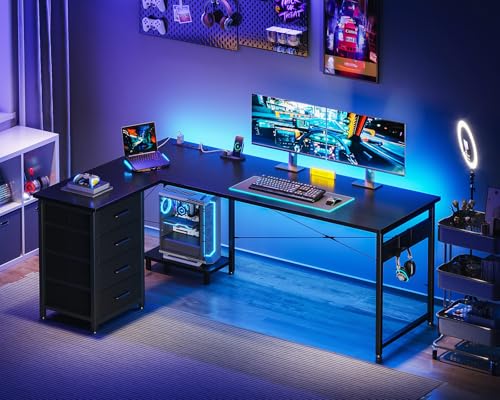 L Shaped Desk with 4 Tier Drawers, Power Outlets & USB, Corner Computer Desk with CPU Stand U4256