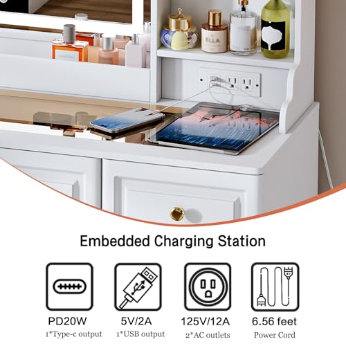 Makeup Vanity Desk with Mirror and Lights, Glass Top, 9 Drawers M5813