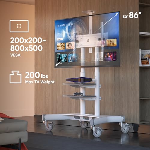 Mobile TV Stand on Wheels for 50-86 Inch TVs, Adjustable Height, Rolling Cart with Shelves B525016