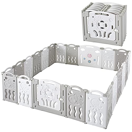Albott Baby Playpen, Upgraded 18 Panels Foldable Baby Fence with Game Panel and Safety Gate, Adjustable Shape, Portable Baby Play Yards for Children Toddlers Indoors (18 Panel, White+Grey)