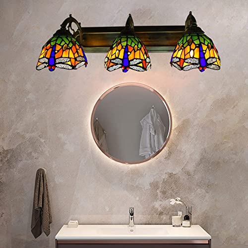 TFCFL Tiffany Victorian Wall Sconce, 3-Light Vanity Light Fixtures Stained Glass Lampshade Dragonfly Over Mirror Lamp for Bathroom Bedroom Living Room Hotel