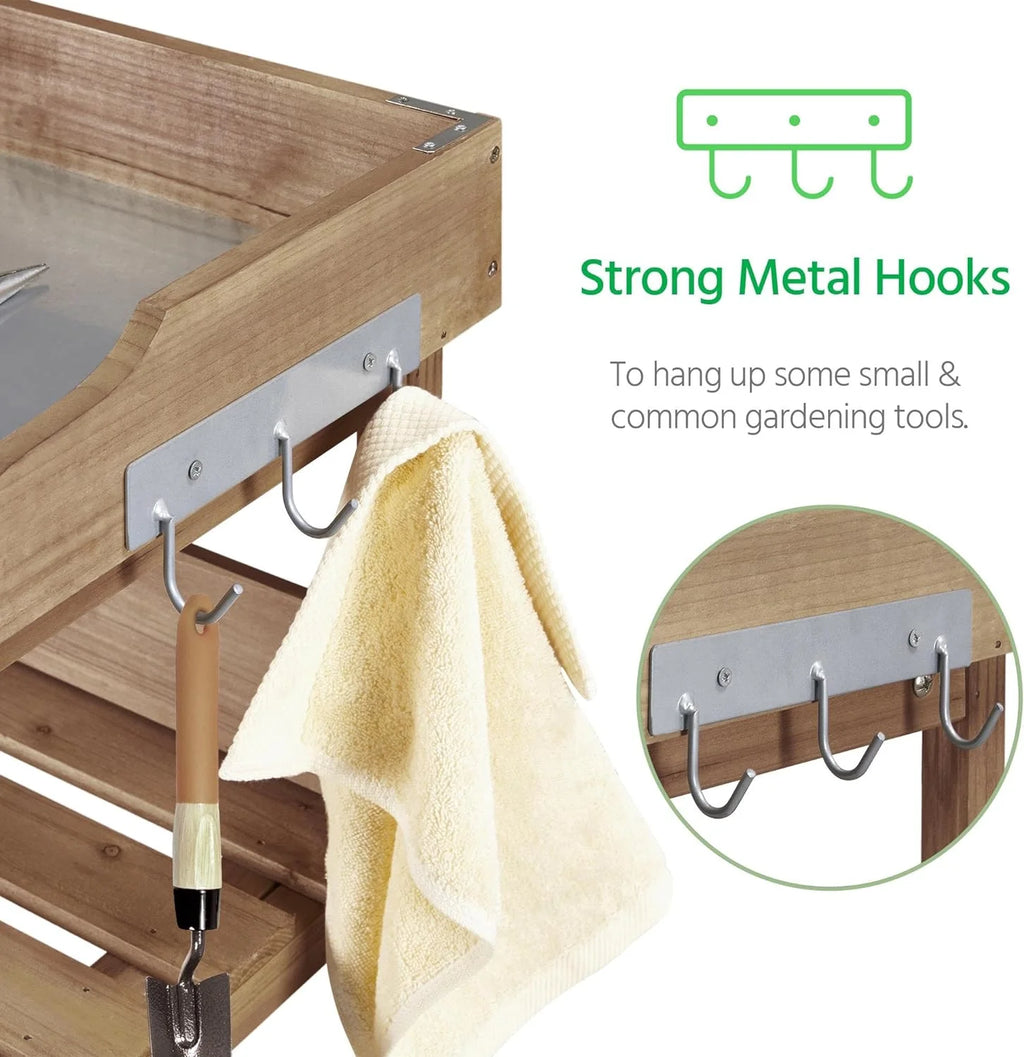 Wooden Potting Bench Table with Metal Tabletop and Storage Shelf A212159