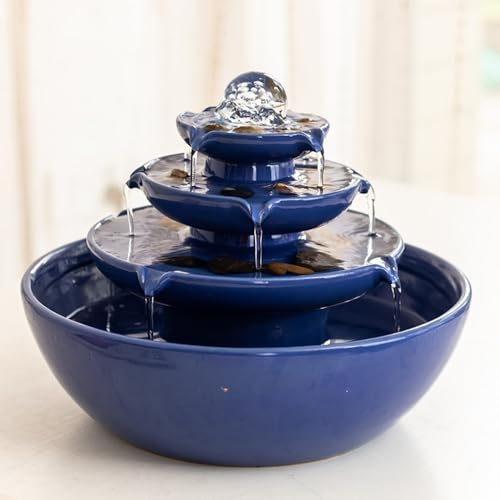 Indoor tabletop ceramic fountain water feature home kitchen office decoration modern design style (Blue)