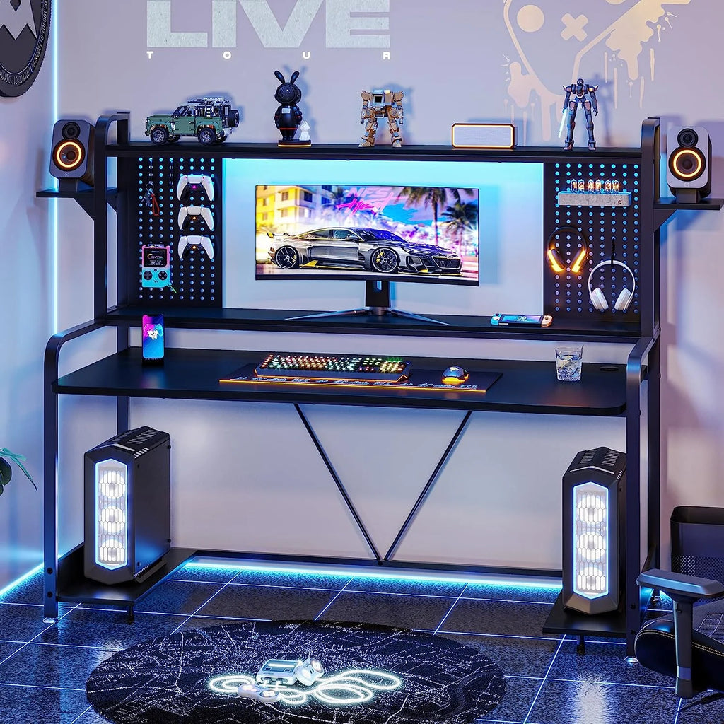 Gaming Desk with Hutch and Shelves, LED Lights, Monitor Shelf, Black B371