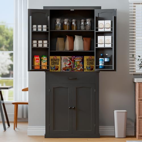 Kitchen Pantry Cabinet with 4 Doors and 1 Drawer, Freestanding Storage Cupboard L190261