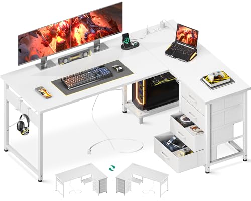 Casaottima L Shaped Desk with 4 Tier Drawers, 53" Gaming Desk with Power Outlets & USB, Reversible L-Shaped Computer Desk with CPU Stand, Home Office Corner Desk with Storage, Easy Assemble, Black