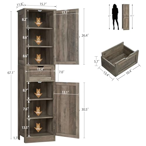67" Tall Bathroom Cabinet with 2 Doors and 1 Drawer, Adjustable Shelves T930834