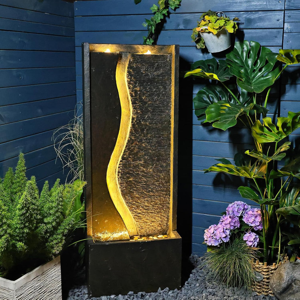 4.1ft Outdoor Water Fountain Garden Waterfall - Tall Modern Water Feature Fountains with LED Lights for Patio Yard Deck Porch Pool, Home Decor, (Rusty Dark Gray, 49 inch)