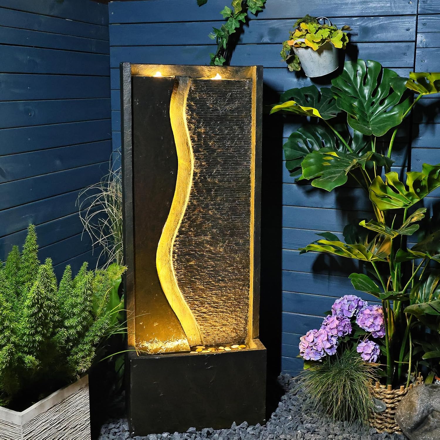 4.1ft Outdoor Water Fountain Garden Waterfall - Tall Modern Water Feature Fountains with LED Lights for Patio Yard Deck Porch Pool, Home Decor, (Rusty Dark Gray, 49 inch)