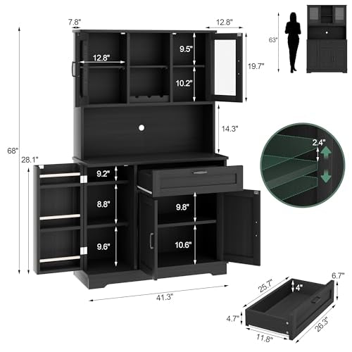 Freestanding Kitchen Pantry Cabinet with Microwave Stand, 4 Doors, Adjustable Shelves and Wine Rack C21265