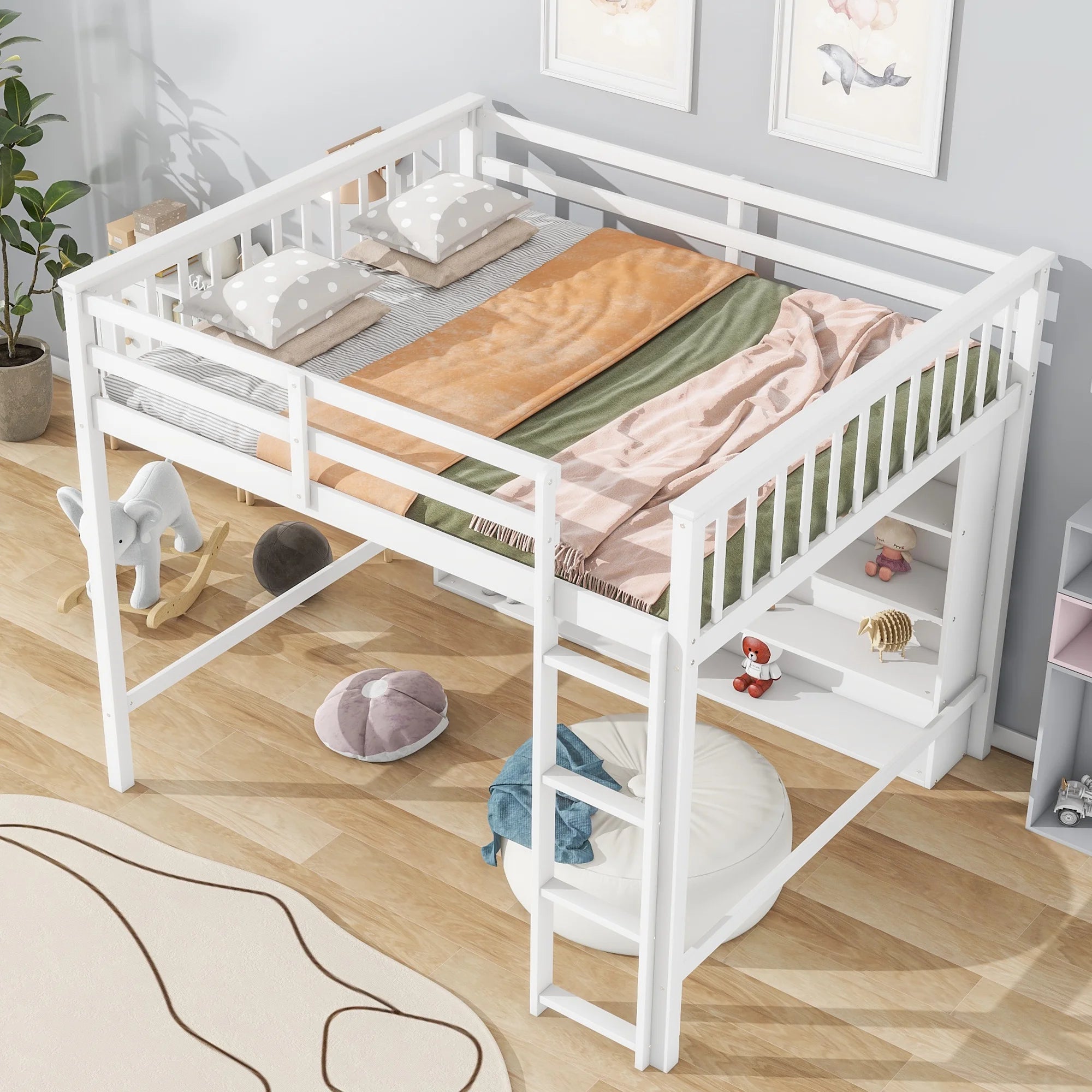 Wood Full Size Loft Bed with 8 Open Storage Shelves and Built-in Bookcase, White U209714