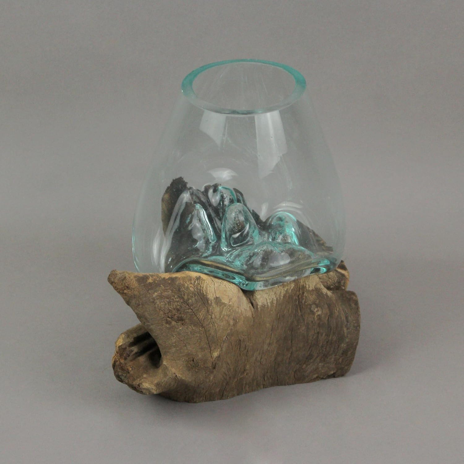 Melted Glass and Teak Driftwood Centerpiece Bowl Sculpture, 7-Inch N899199