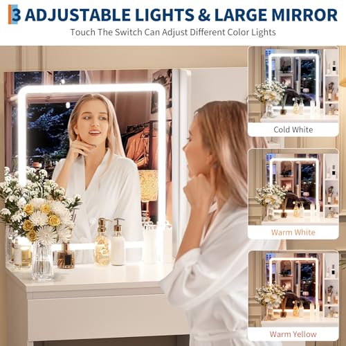 Vanity Desk with Mirror and Lights, 4 Drawers and Storage Stool D711