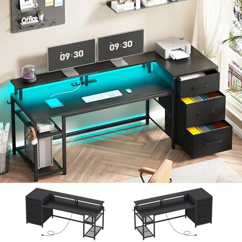 Office Desk with Drawers, Reversible Computer Desk with Storage, LED Lights & Power Outlet, Rustic Brown X65554