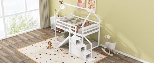 Wood House Loft Bed Frame with Slide and Storage Shelves Z806
