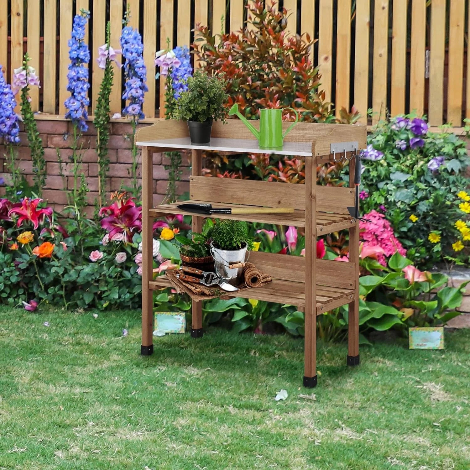 Wooden Potting Bench Table with Metal Tabletop and Storage Shelf A212159