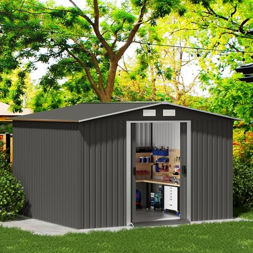 10' x 10' Outdoor Storage Shed, Garden Tool Shed with Double Sliding Door and Sloping Roof, Metal Shed House for Backyard Patio Lawn to Store Utility and Tools, Gray