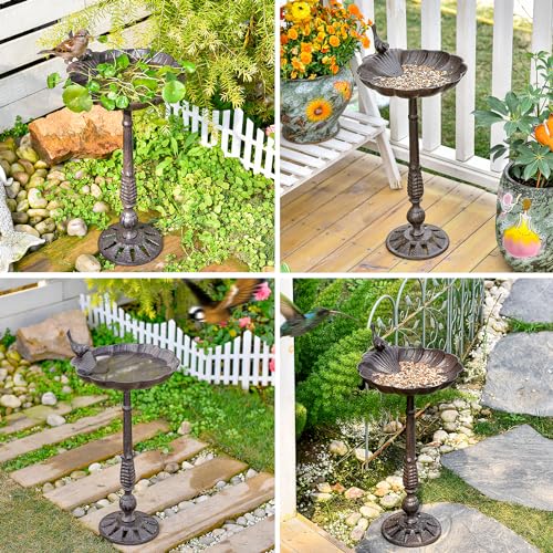 Heavy Duty Cast Iron Tall Bird Bath for Garden, Shell-Shape Metal Bird Feeder Fountain Bowl, Outdoor Yard Deck Standing Birdbath Y473075