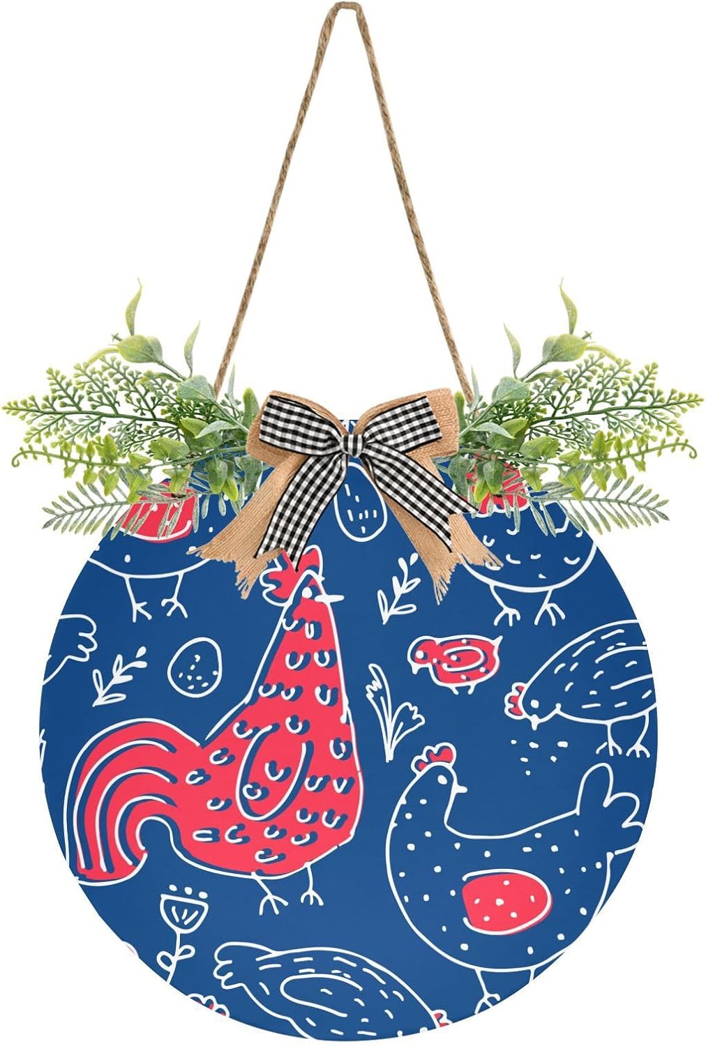Chicken Rooster Pattern Door Wreaths for Front Door Outside, Round Hanging Signs for Home Decor Holiday Porch Wall Farmhouse Indoor Outdoor Decorations