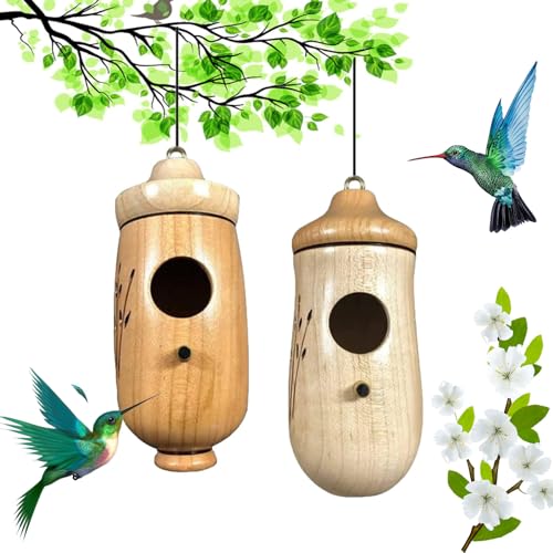 Shirem Wooden Hummingbird House, Wooden Hummingbird House, Wooden Hummingbird House, Wooden Hummingbird House, Hummingbird Feeder for Outside Hanging Bird Nesting Box (2PCS-A)