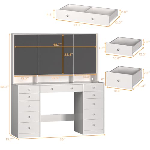 Vanity Desk with Mirror and Lights, 50" Makeup Vanity with Glass Top & Power Outlet F52929