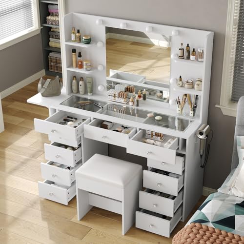 Makeup Vanity Desk with Lighted Mirror and Power Outlet F65931