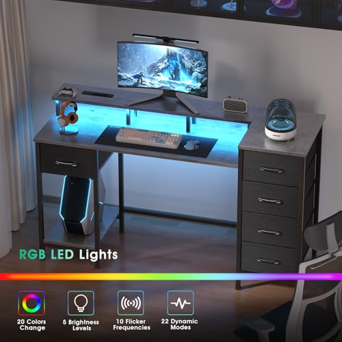 47 Inch Computer Gaming Desk with Power Outlets LED Lights and Storage Drawers I77165