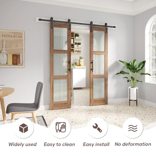 Double 18 x 84 inch Glass Barn Door with Hardware Kit & Handle Included, 3-Panel Frosted Glass, Need Assembly S404