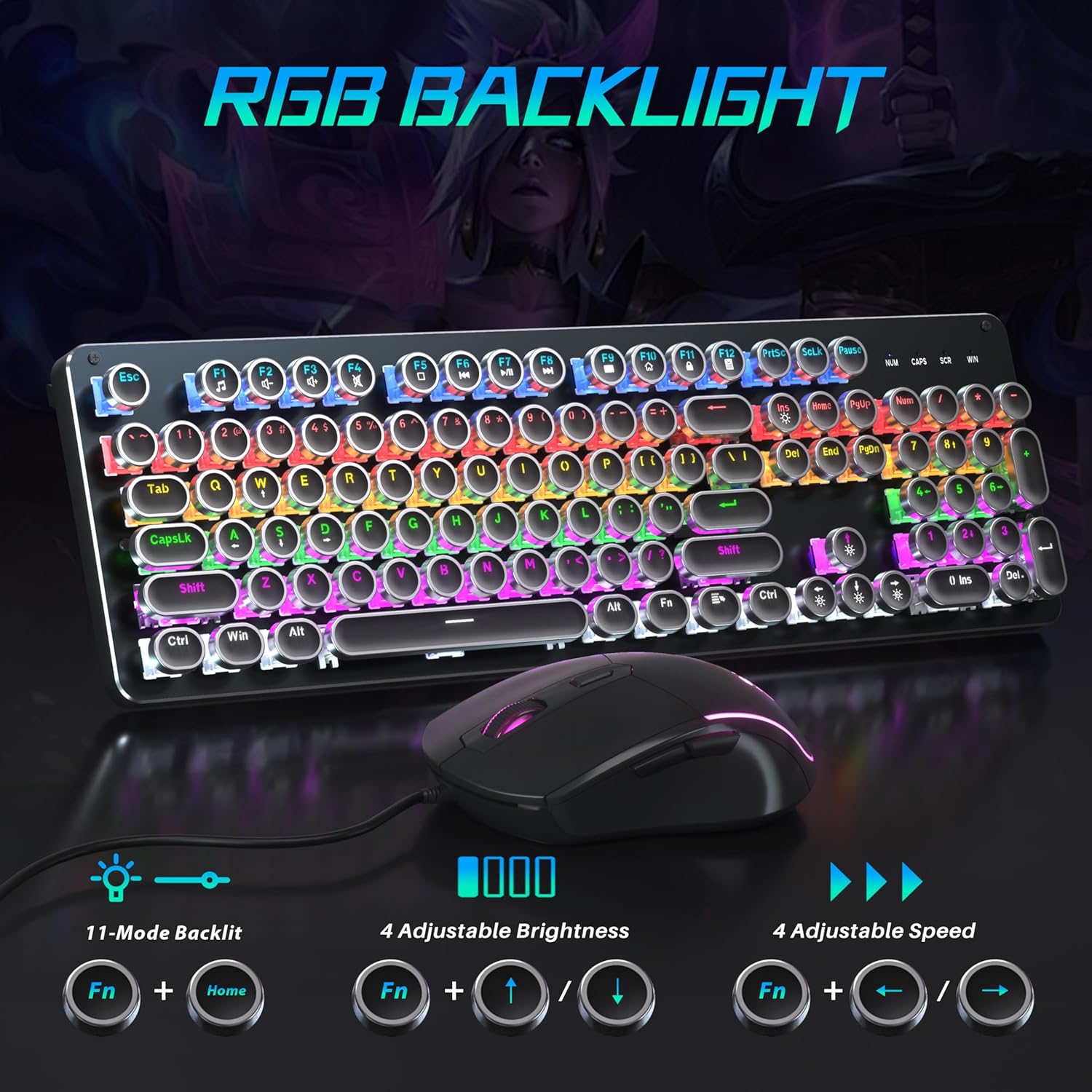 Mechanical Gaming Keyboard and Mouse Combo, Retro Metal Panel, RGB Backlit, 104 Keys B16775