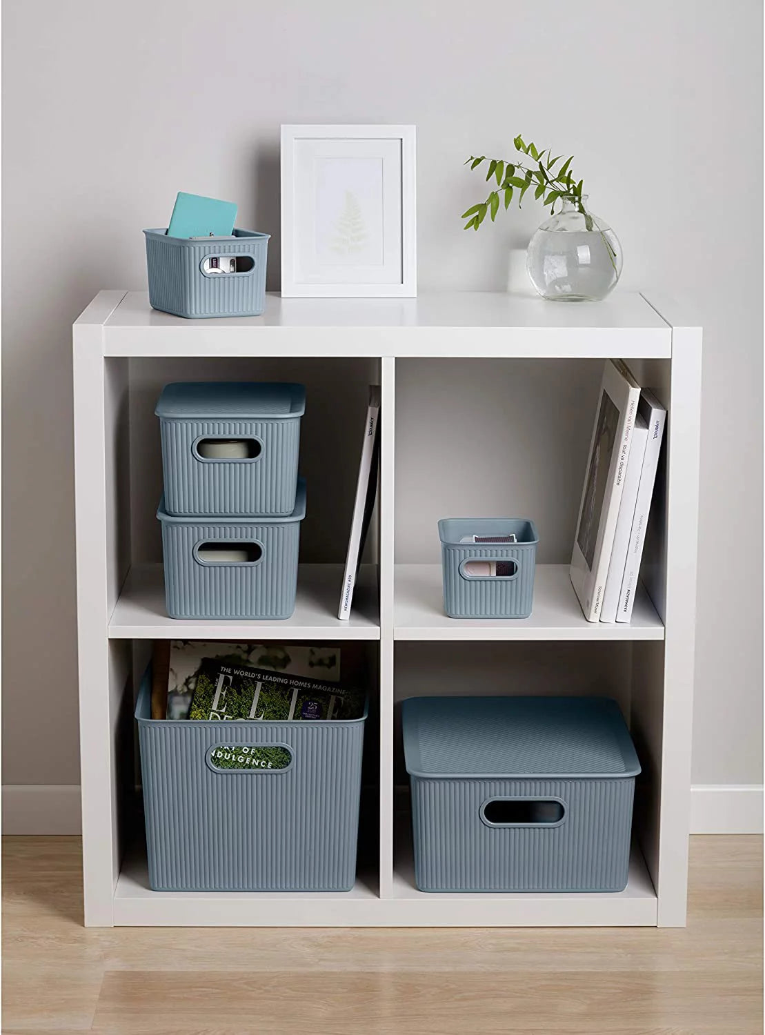 Ribbed Plastic Storage Basket Organizer (6 Pack), Stackable Closet Storage Bin, Blue, 5 Liter C6139