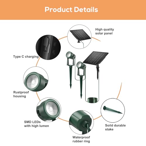 Solar Powered Landscape Spotlights, Black, Outdoor Auto On/Off, Waterproof, 4 Pack, Warm White E2865