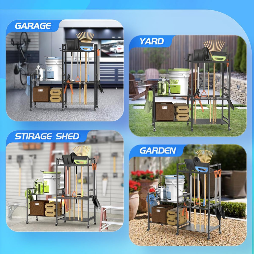 Garden Tool Organizer with 6 Hooks and 2-Tier Metal Shelves C62460