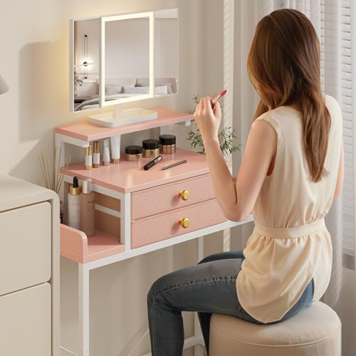White Vanity Desk with Mirror and Lights R8919