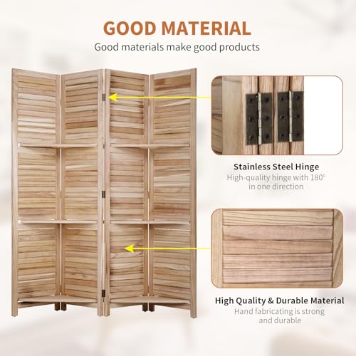 Room Divider 4 Panel Folding Wood 5.6 Ft Tall Privacy Screen with Three Shelves Y8638