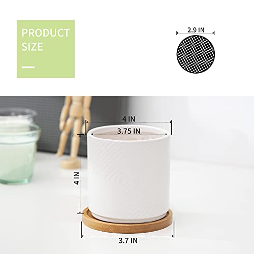 Ceramic Plant Pots with Drainage Holes and Bamboo Saucers, Set of 4, White A8472