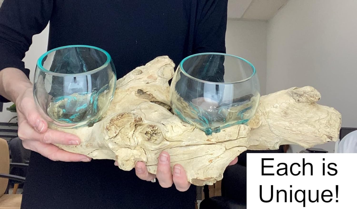 Double Melted Glass Terrarium Planter Bowl with Driftwood R2310