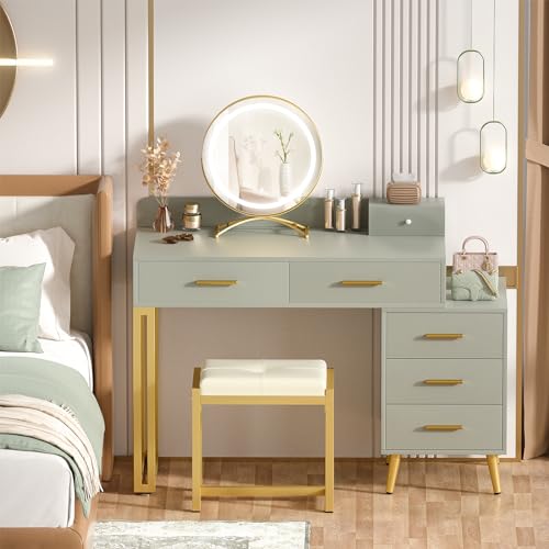 White Vanity Desk with Mirror and Lights, 6 Drawers and Stool Z334