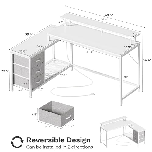 L Shaped Computer Desk with Drawers, LED Lights and Power Outlets O9269