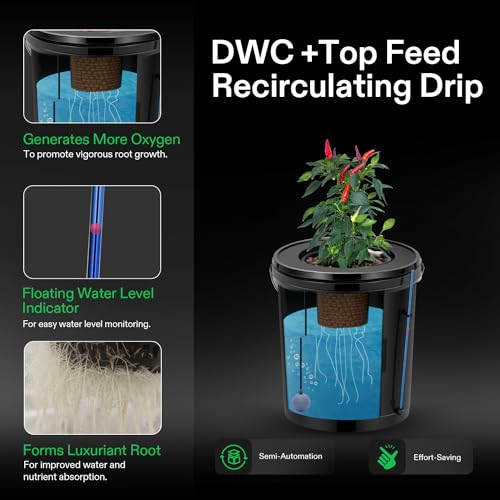 DWC Hydroponics Grow System with Top Drip Kit, 5-Gallon Deep Water Culture, Recirculating Drip Garden System I8634