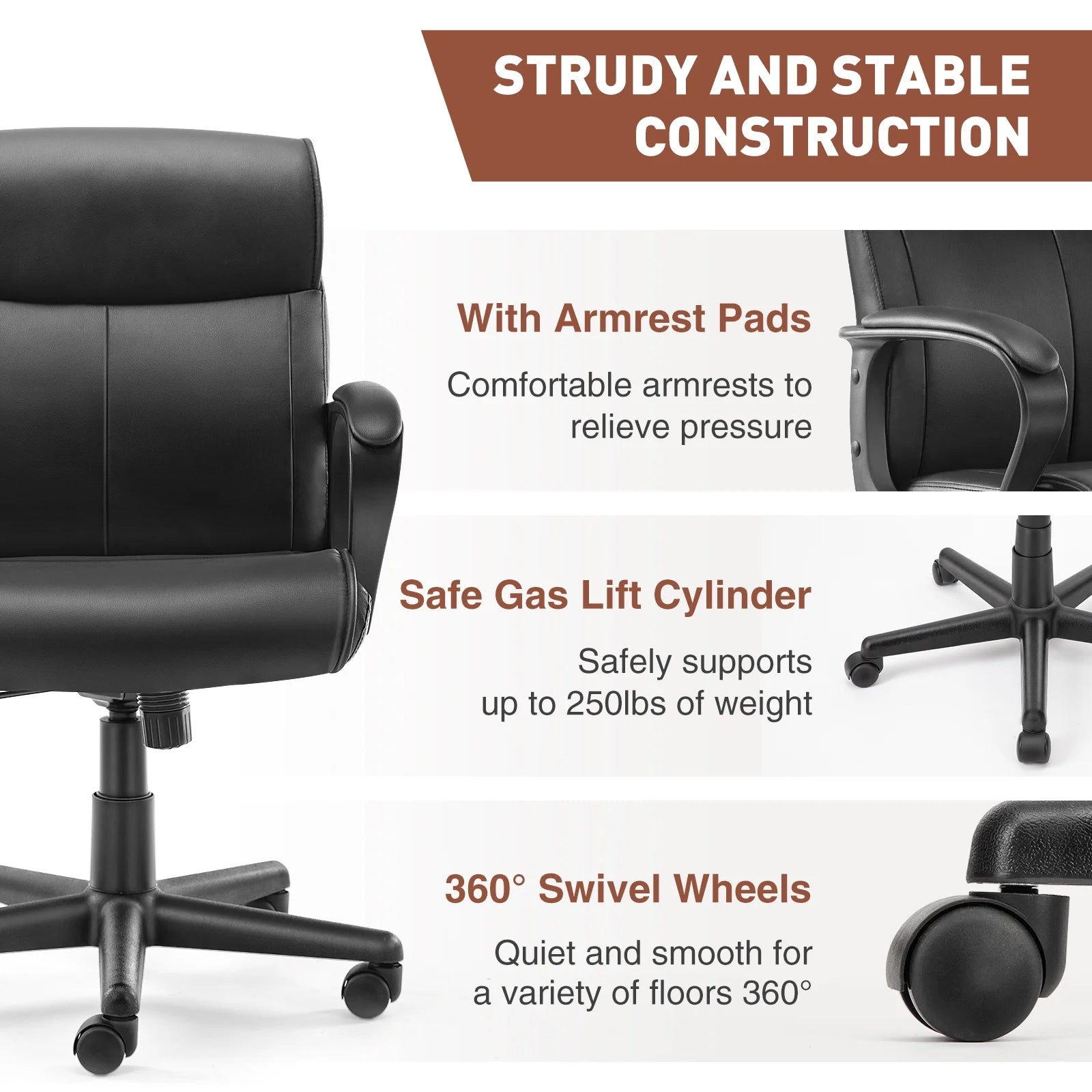 Mid Back Office Desk Chair with Padded Armrests PU Leather X421