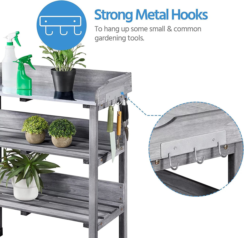 Wooden Potting Bench Table with Metal Tabletop and Storage Shelf A212159