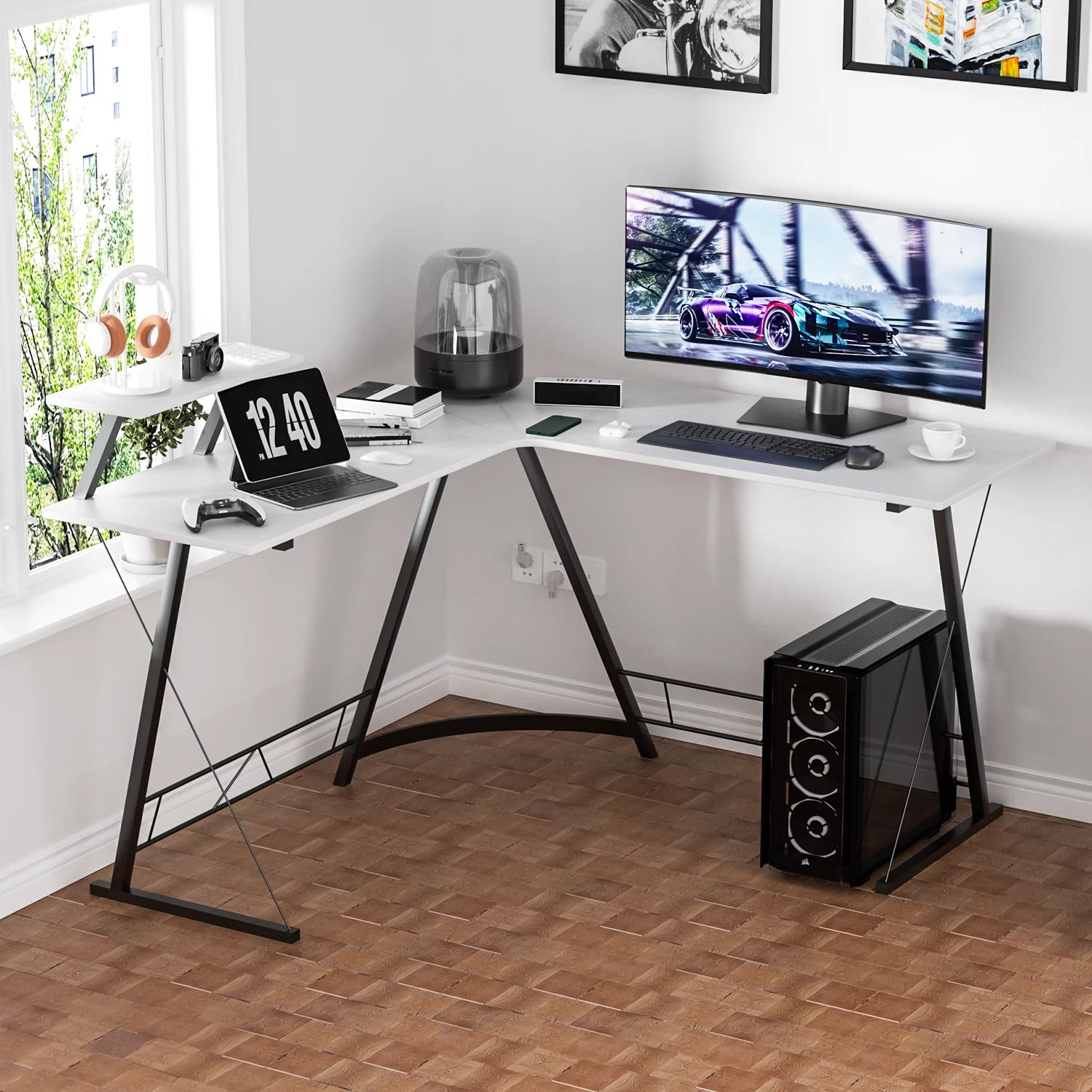 L Shaped Corner Gaming Desk with Monitor Stand for Home Office O60117