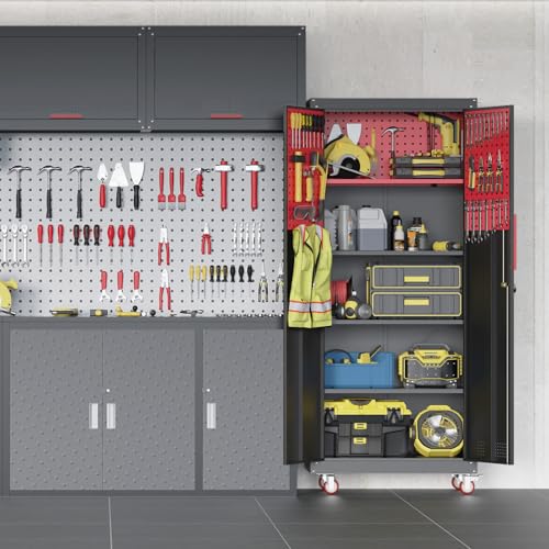 Metal Garage Storage Cabinet with 5 Adjustable Shelves and Wheels T460