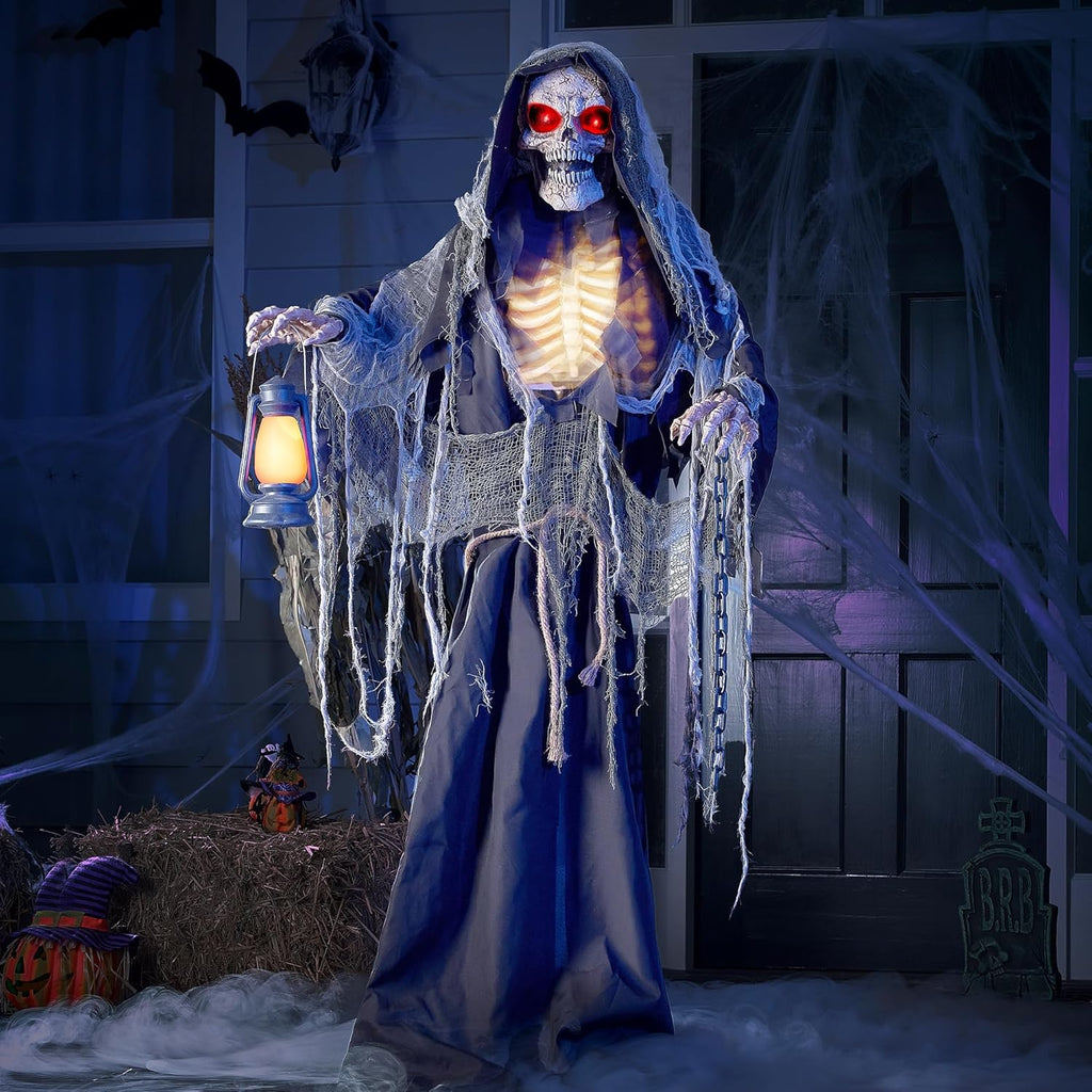 JOYIN 67" Halloween Animatronics Standing Grim Reaper Animated Decoration with Spooky and Light-Up Eyes/Creepy Sound/Moving Arms & Head (Sound Activated) for Halloween Decorations Outdoor Indoor